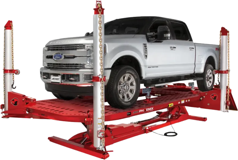 Truck mounted on a frame straightening machine